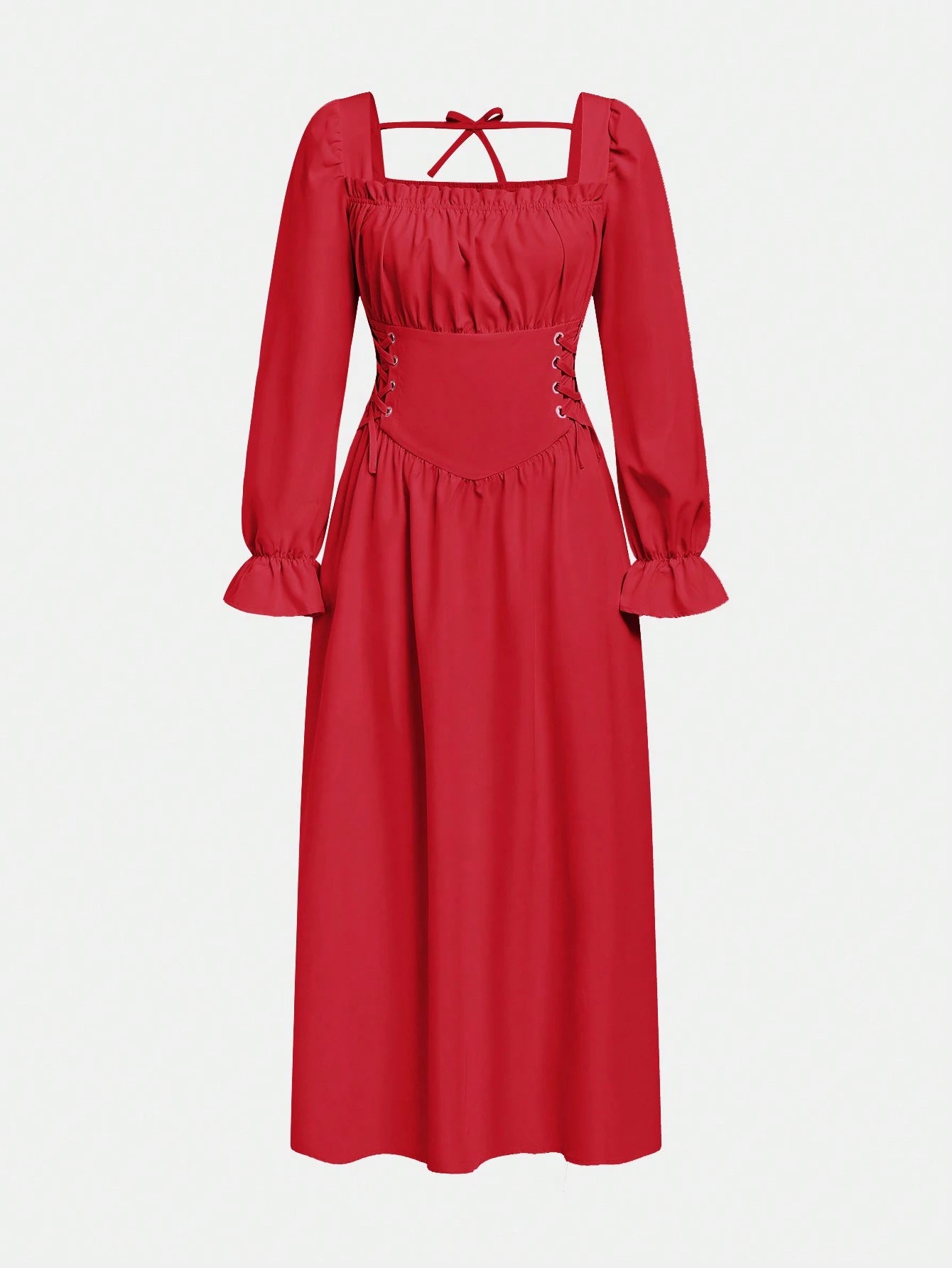 Teen Girl Gothic Style Long Sleeve Long Dress With Square Neckline Waist Cinched Red