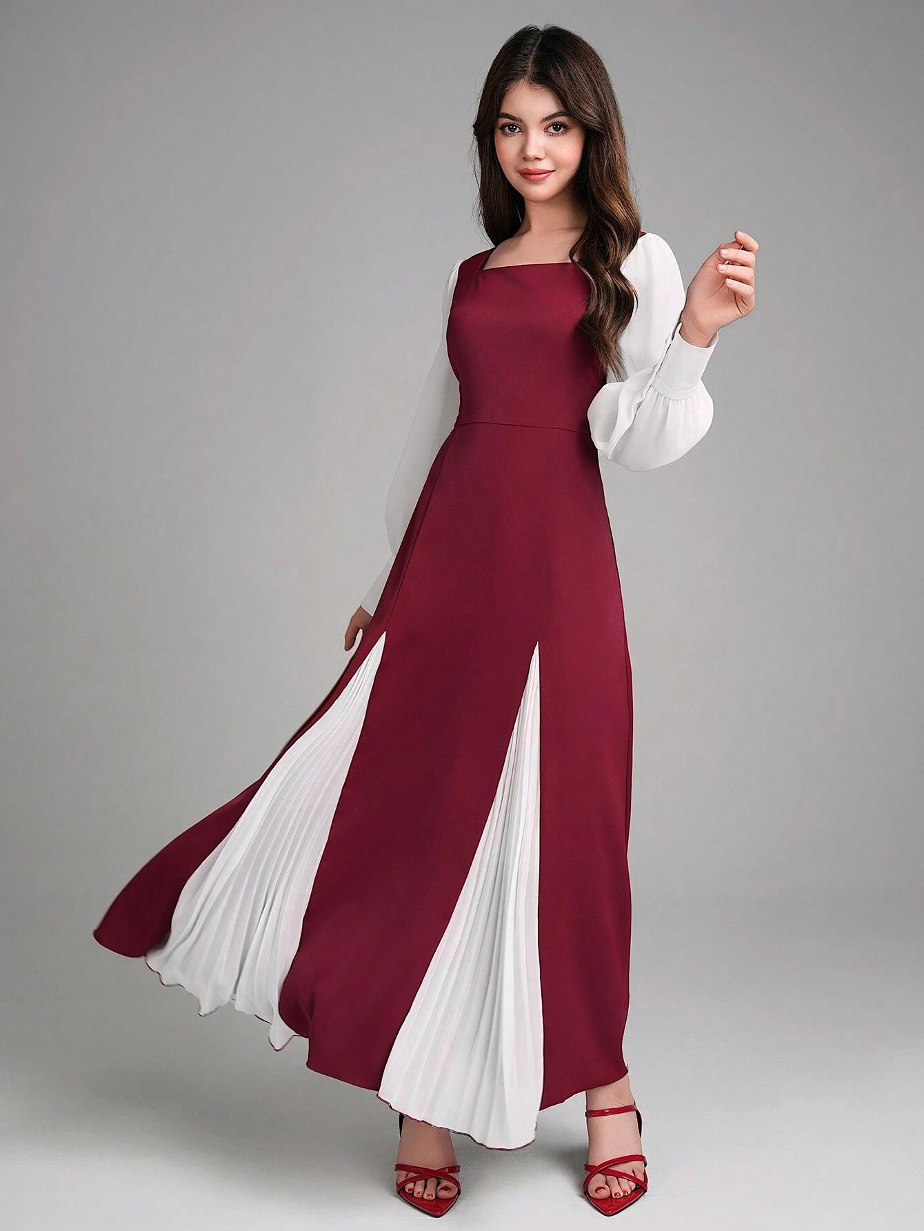 Elegant Contrast Color Patchwork Chiffon Dress