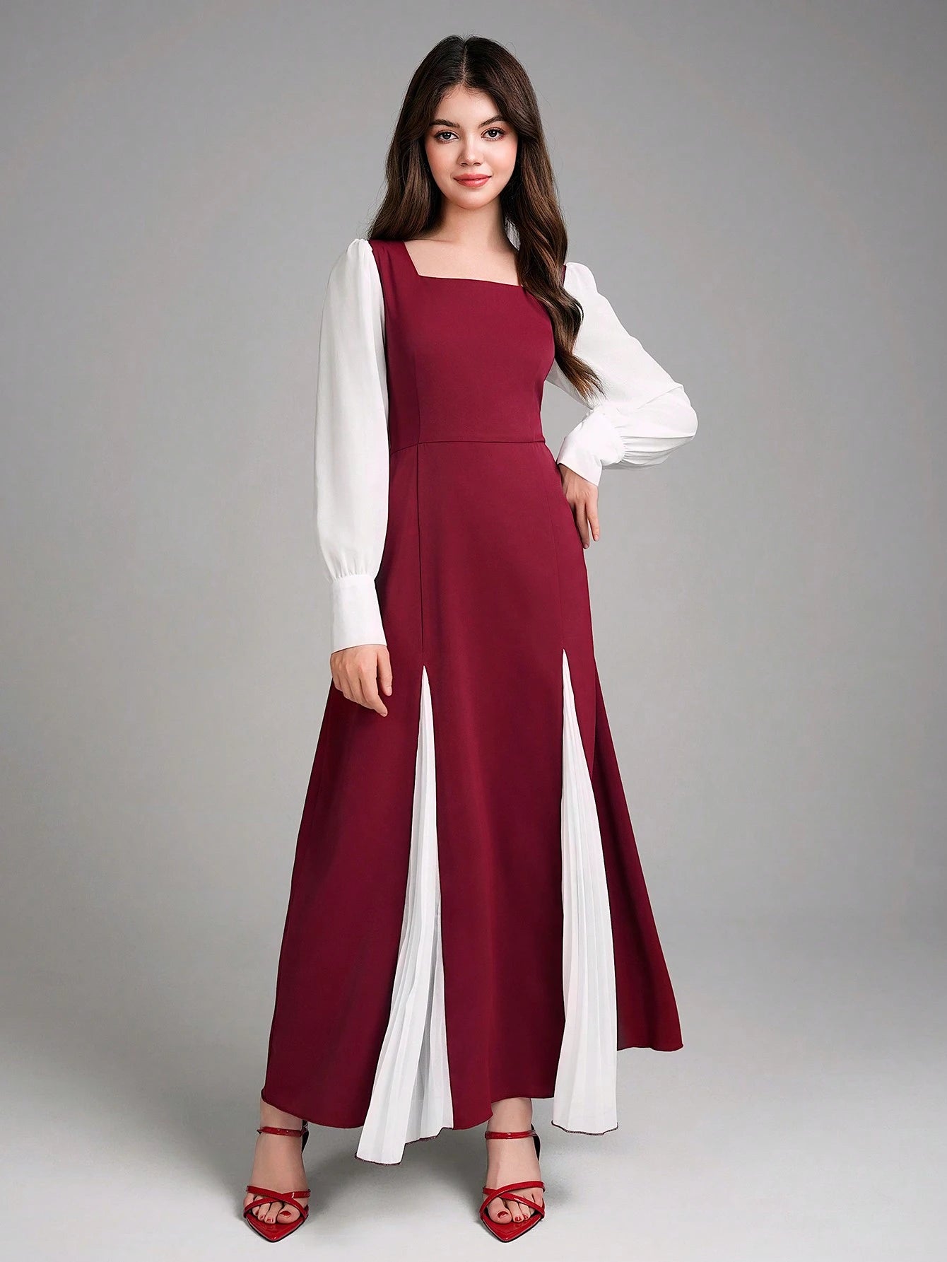 Elegant Contrast Color Patchwork Chiffon Dress Burgundy