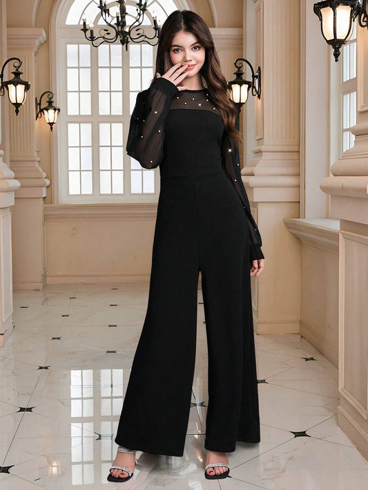 Teen Girl Elegant Party Prom Faux Pearl & Mesh Contrast Jumpsuit Black