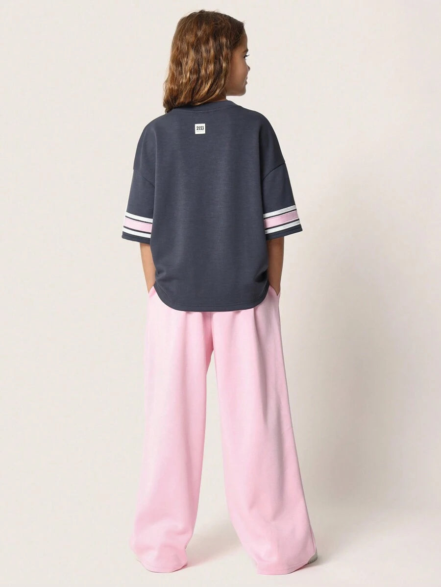 Tween Girls Comfy Elbow Sleeve Chicago Graphic Print Tee And Pink Sweatpants With Pleats