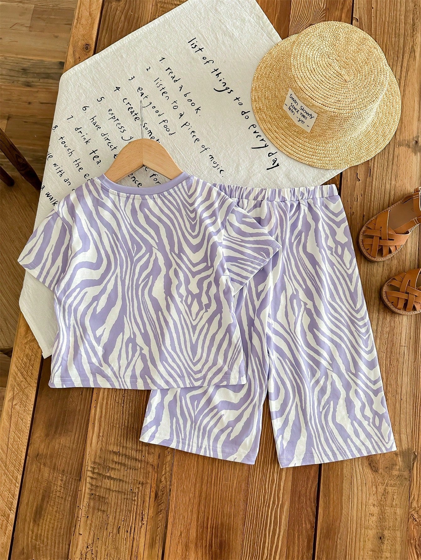 Cute Knit Purple Zebra Stripe Short Sleeve T-Shirt & Elastic Waist Pants