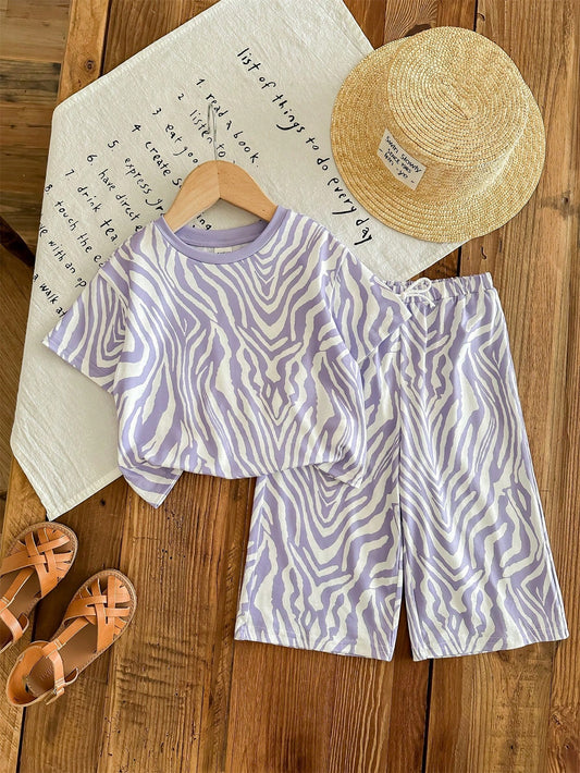 Cute Knit Purple Zebra Stripe Short Sleeve T-Shirt & Elastic Waist Pants Purple