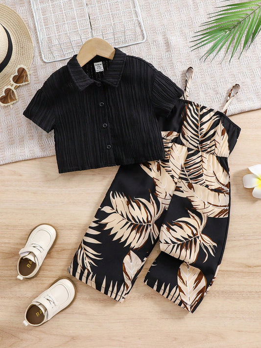 Babygirl Floral Pattern Romper With Short Sleeve Cardigan Set Black
