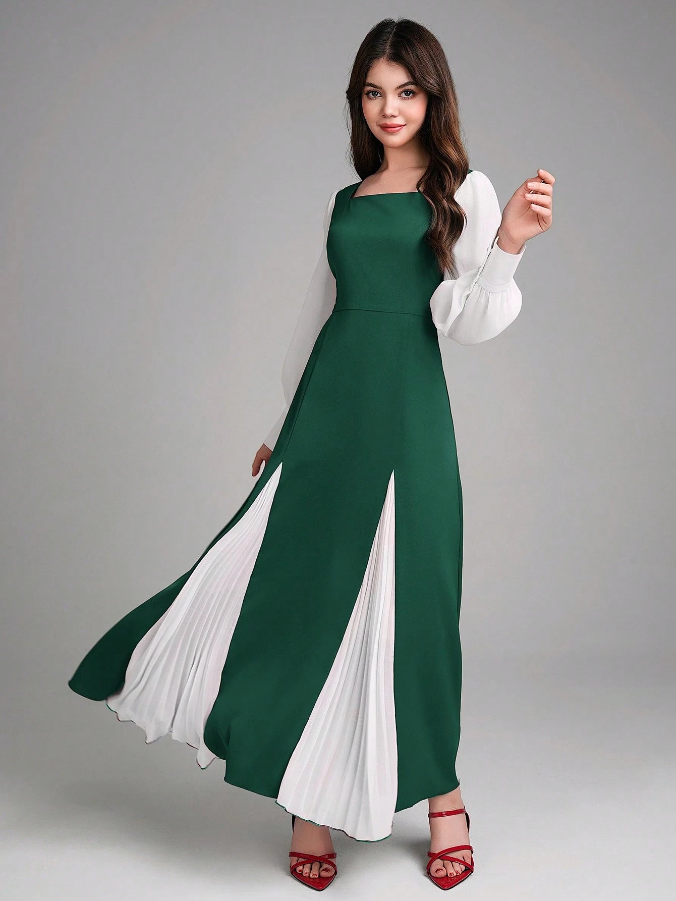 Elegant Contrast Color Patchwork Chiffon Dress Green