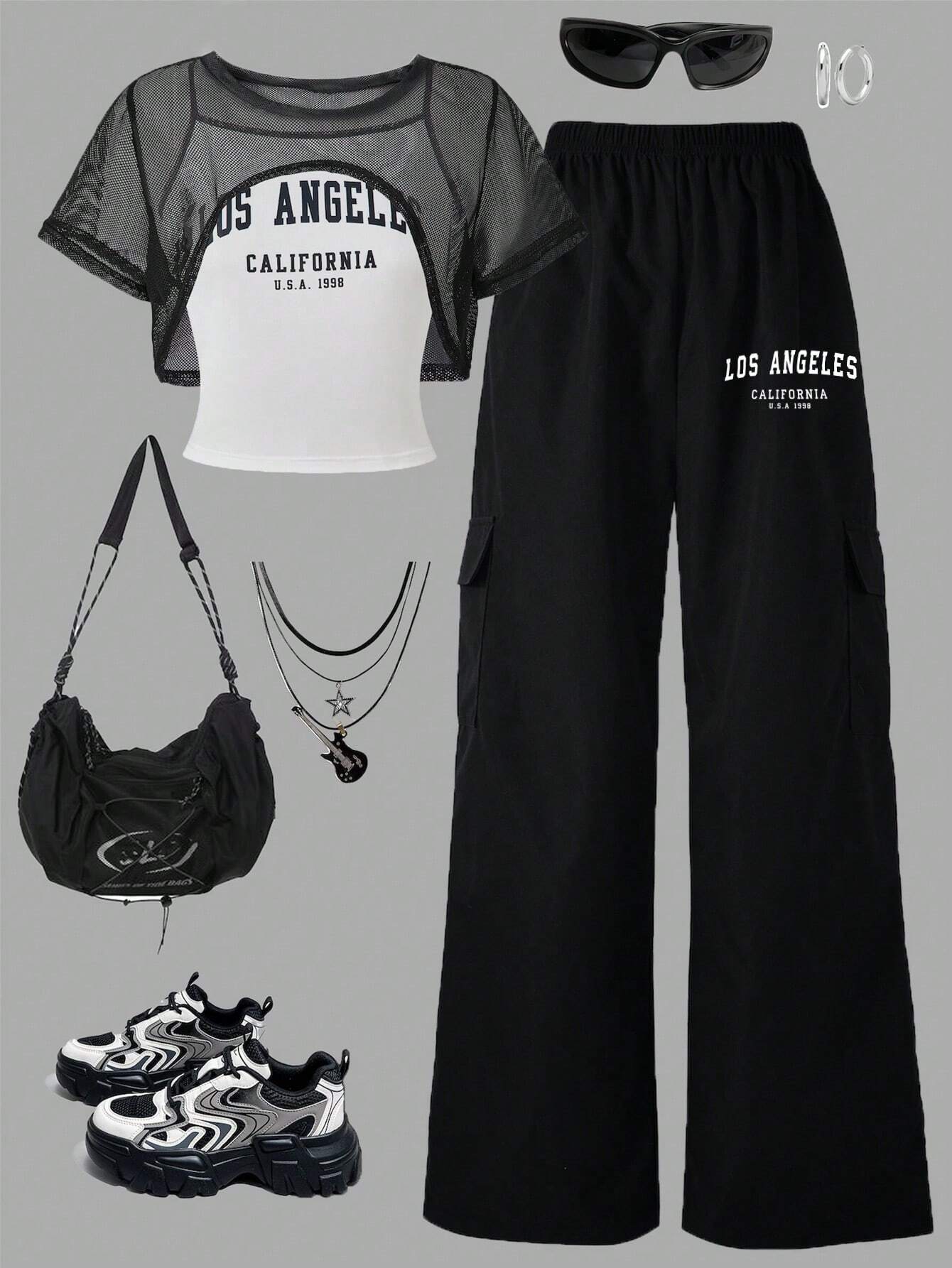 Teenage Girls Fashion Streetwear Mesh Cropped Tee, Letter Print Cami And Print Comfy Wide Leg Cargo Pants Black & White