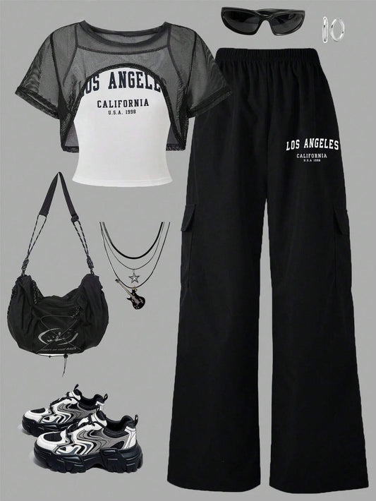 Teenage Girls Fashion Streetwear Mesh Cropped Tee, Letter Print Cami And Print Comfy Wide Leg Cargo Pants Black & White