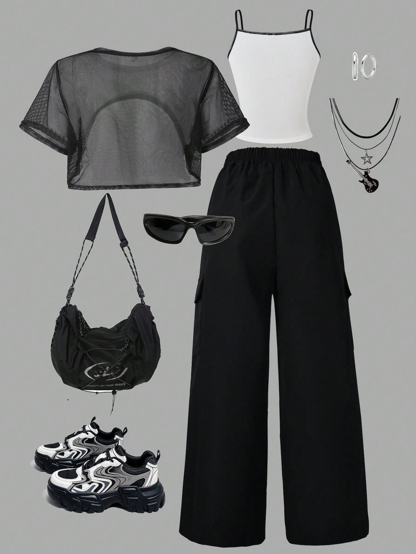 Teenage Girls Fashion Streetwear Mesh Cropped Tee, Letter Print Cami And Print Comfy Wide Leg Cargo Pants
