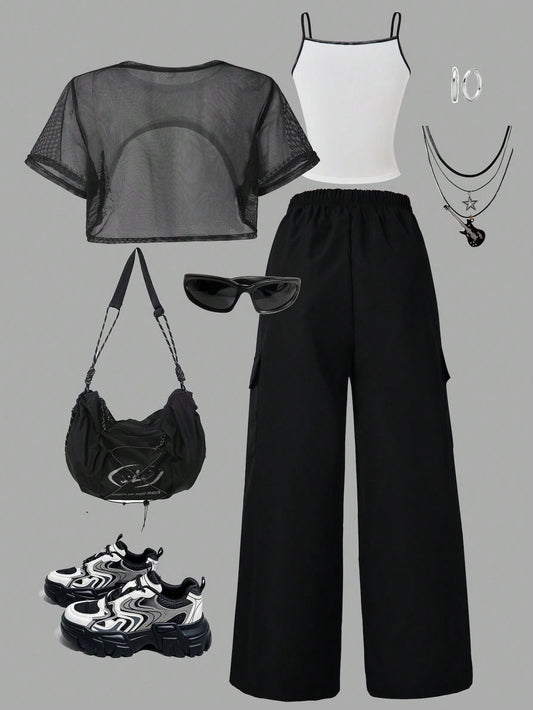 Teenage Girls Fashion Streetwear Mesh Cropped Tee, Letter Print Cami And Print Comfy Wide Leg Cargo Pants