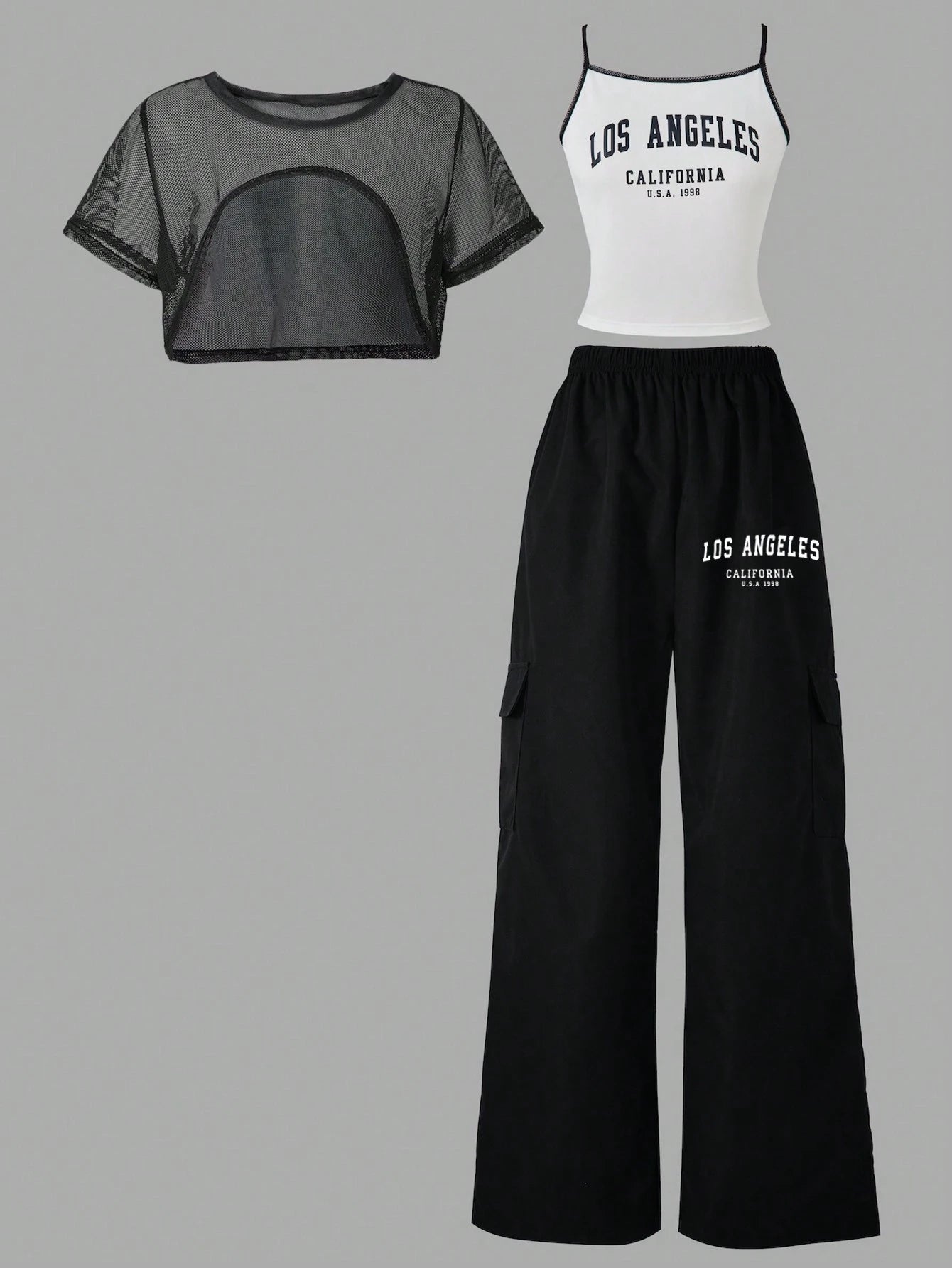 Teenage Girls Fashion Streetwear Mesh Cropped Tee, Letter Print Cami And Print Comfy Wide Leg Cargo Pants