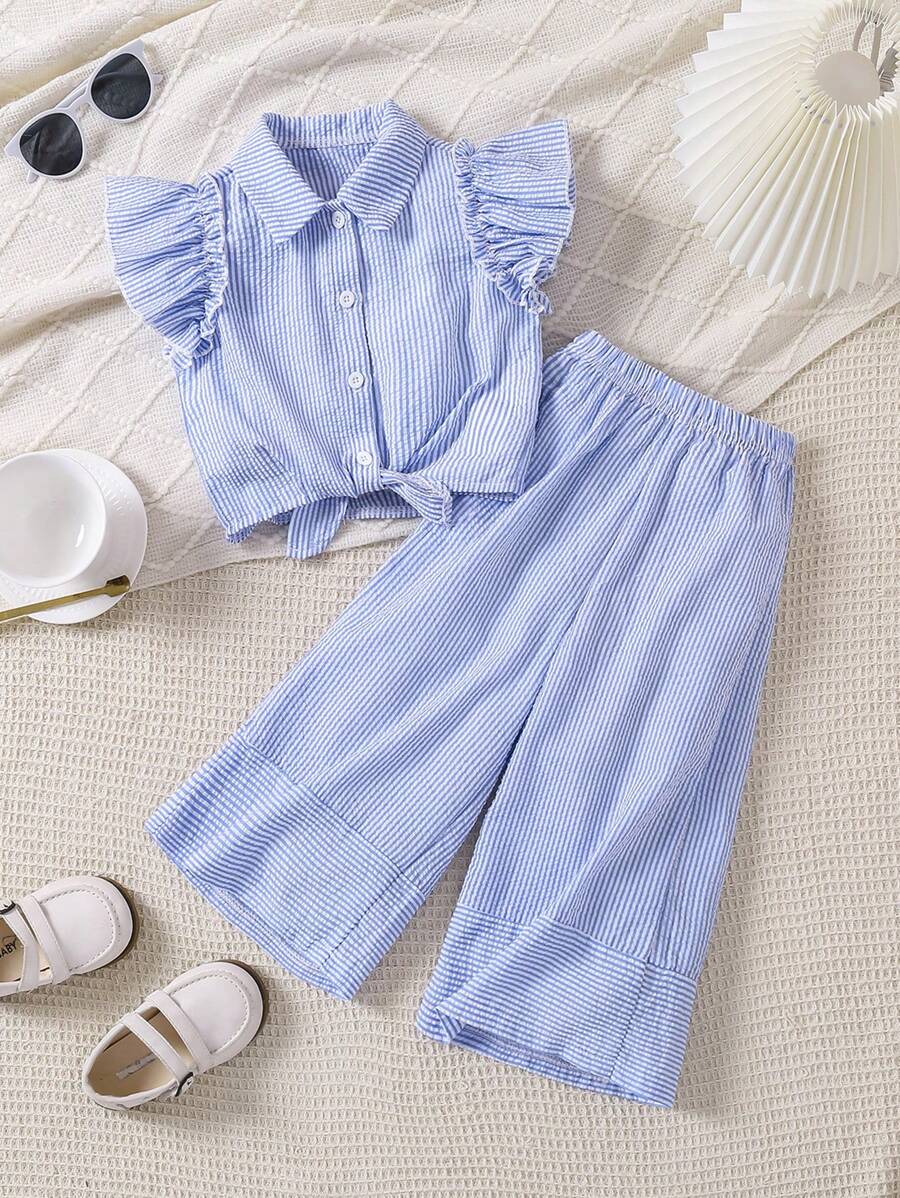 2pcs Young Girl Striped Cap Sleeve Button-Up Shirt And Pants Set Multicolor