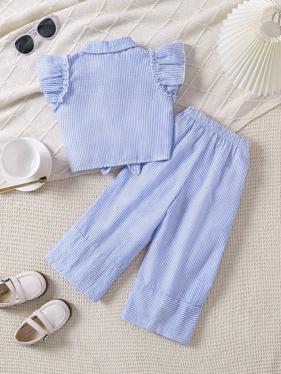 2pcs Young Girl Striped Cap Sleeve Button-Up Shirt And Pants Set