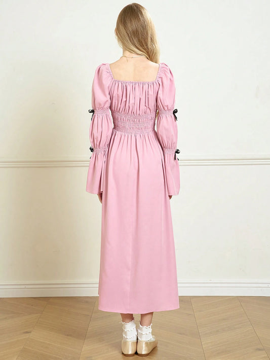 Lunivi Elegant Young Women's Puffed Sleeve Ruched Waist Dress