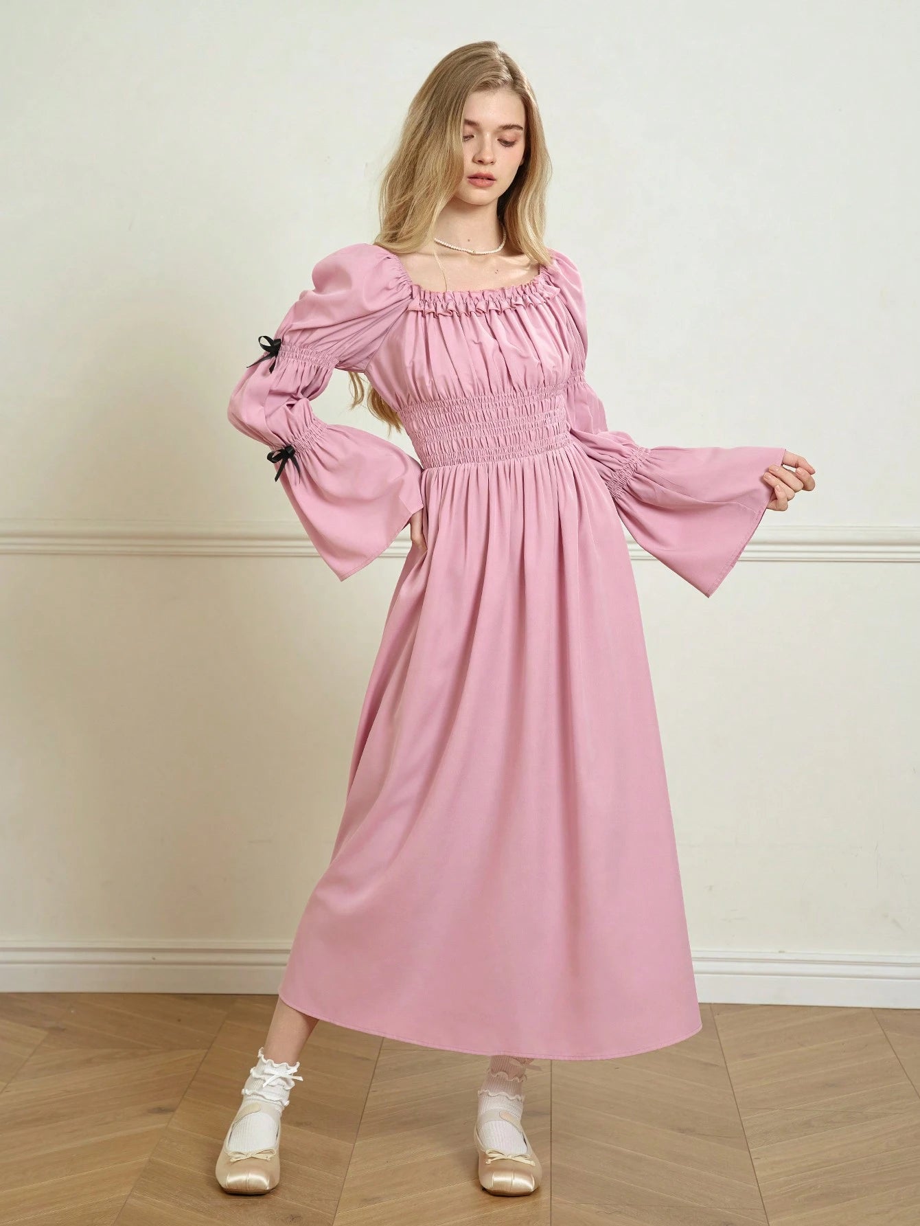 Lunivi Elegant Young Women's Puffed Sleeve Ruched Waist Dress Pink