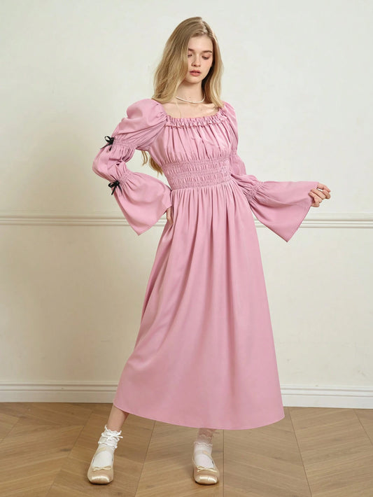 Lunivi Elegant Young Women's Puffed Sleeve Ruched Waist Dress Pink