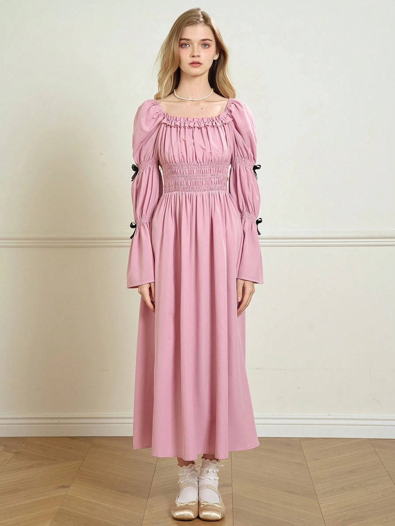 Lunivi Elegant Young Women's Puffed Sleeve Ruched Waist Dress