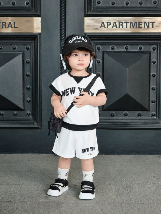 Toddler Boy/Girl Sporty Casual Stripe Print Short Sleeve T-Shirt & Shorts Black & White