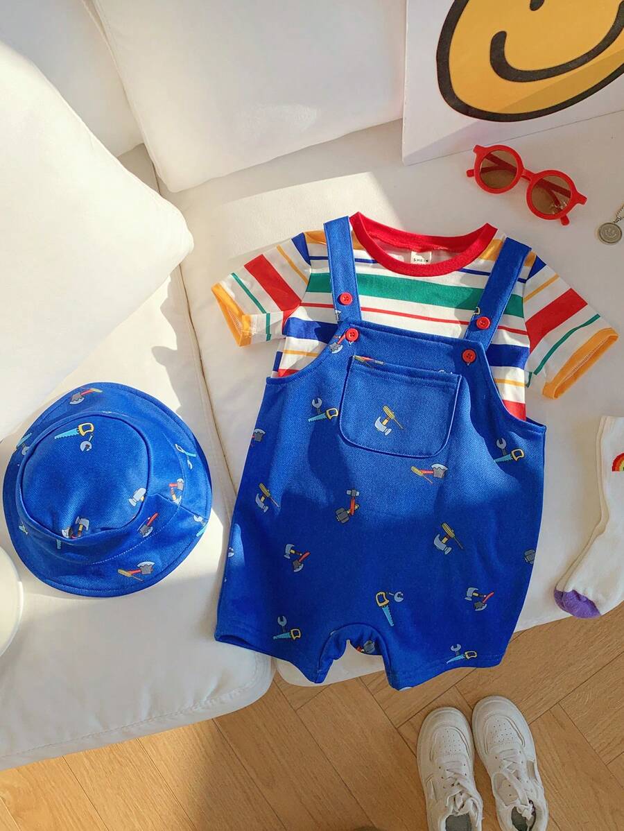 3pcs Set Baby Boys & Girls Cute Casual Versatile Cartoon Print Overall Pants