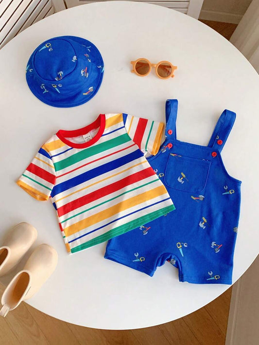 3pcs Set Baby Boys & Girls Cute Casual Versatile Cartoon Print Overall Pants Multicolor 9-12M