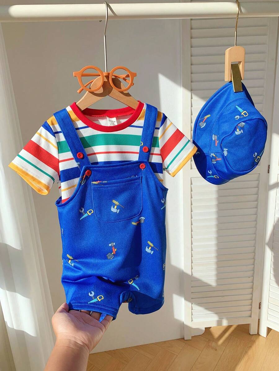 3pcs Set Baby Boys & Girls Cute Casual Versatile Cartoon Print Overall Pants