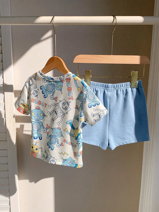 Cute Robot Pattern Polo Collar Short Sleeve T-Shirt And Shorts Set