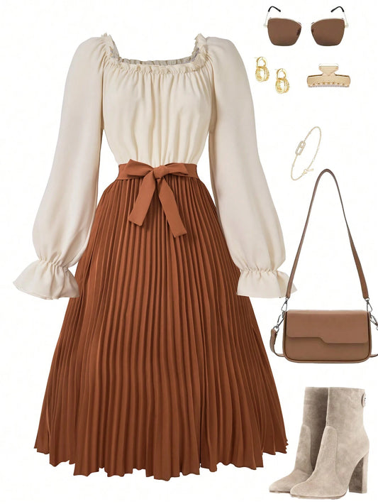 Teen Girl Solid Color Patchwork Long Sleeve Front Tie Casual Dress Multicolor