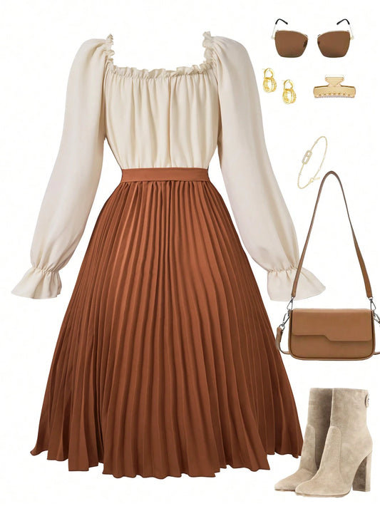 Teen Girl Solid Color Patchwork Long Sleeve Front Tie Casual Dress