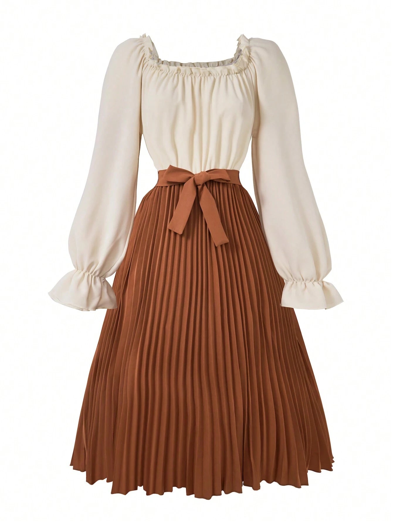 Teen Girl Solid Color Patchwork Long Sleeve Front Tie Casual Dress