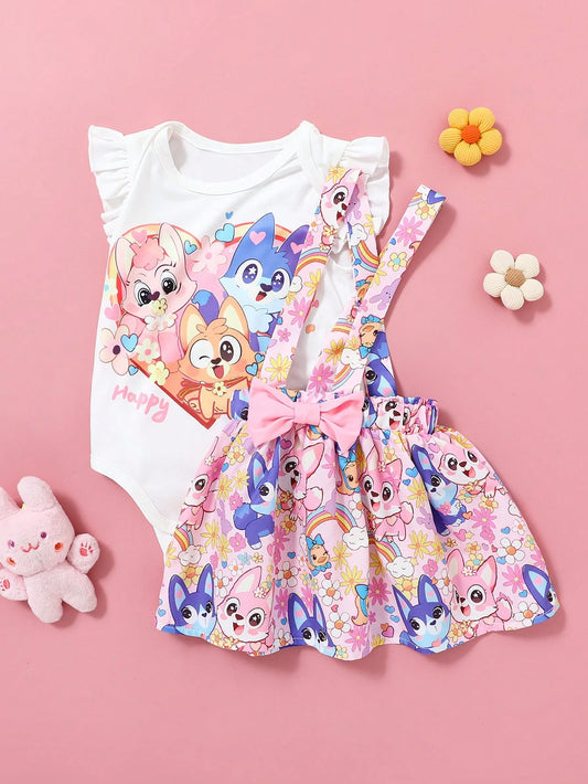 2pcs Baby Girls Casual Everyday Matching Cute Cartoon Puppy & Fox Print Jumpsuit And Skirt Pink