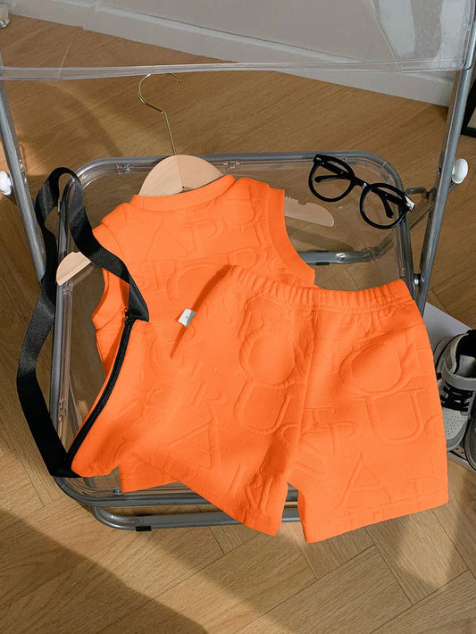 Baby Boy Casual Minimalist Sports 3D Letter Graphic Fabric Sleeveless Top And Shorts
