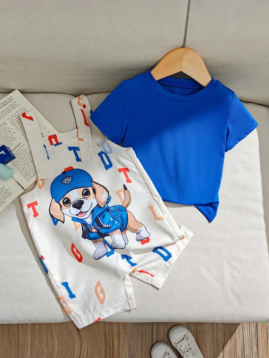Baby Boy Cute Puppy Pattern Print Bib Overalls Set With Blue T-Shirt Multicolor