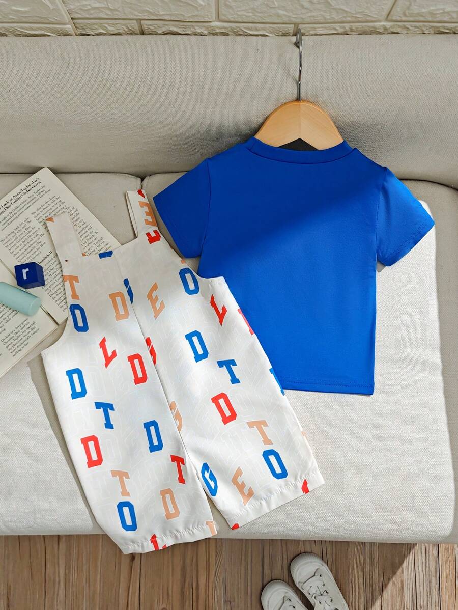 Baby Boy Cute Puppy Pattern Print Bib Overalls Set With Blue T-Shirt