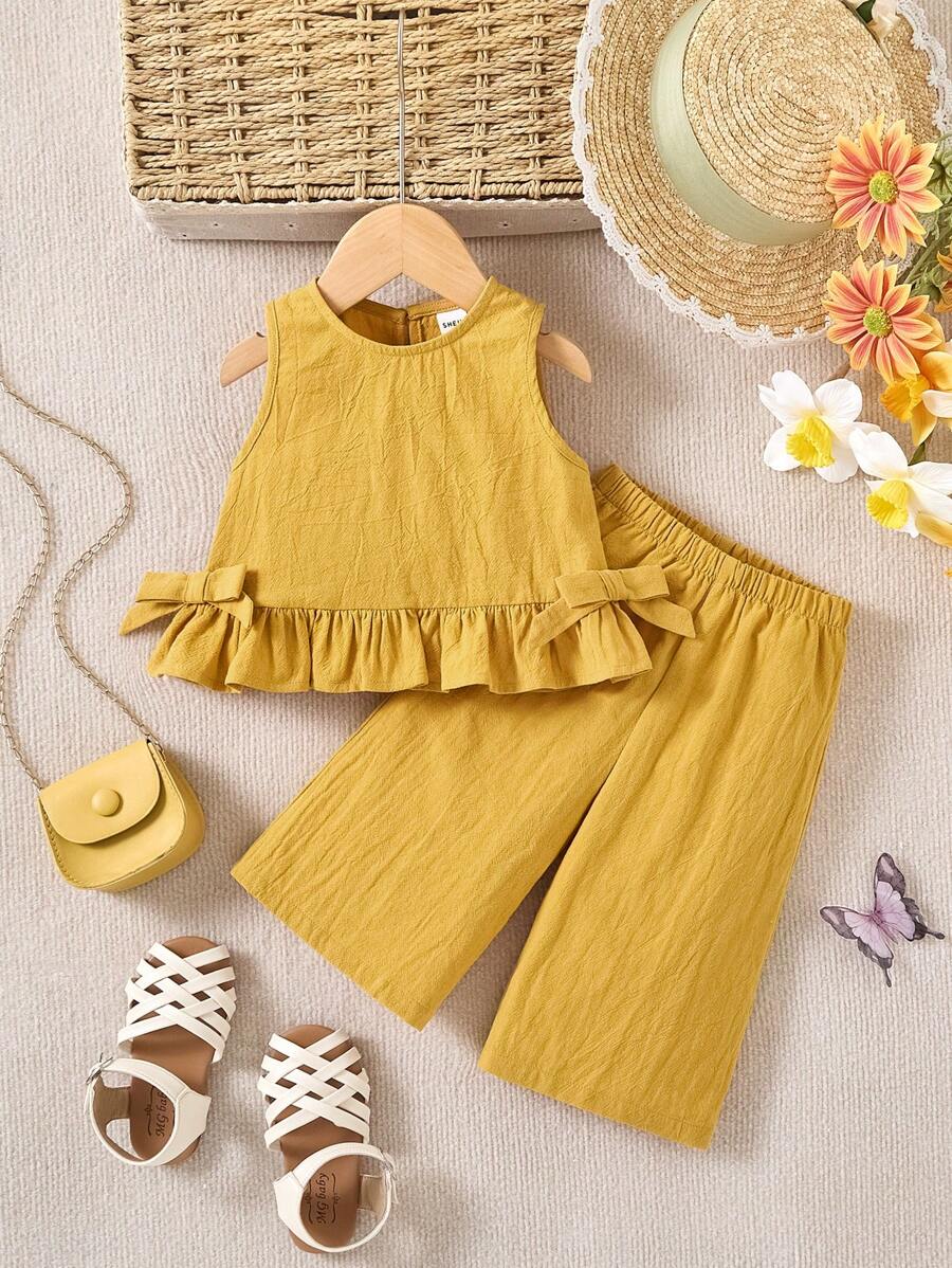 Baby Girl Cute Solid Color Ruffle Hem Camisole & Pants 2Pcs Suit Yellow