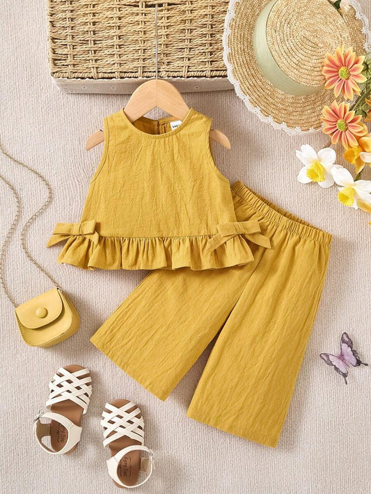 Baby Girl Cute Solid Color Ruffle Hem Camisole & Pants 2Pcs Suit Yellow