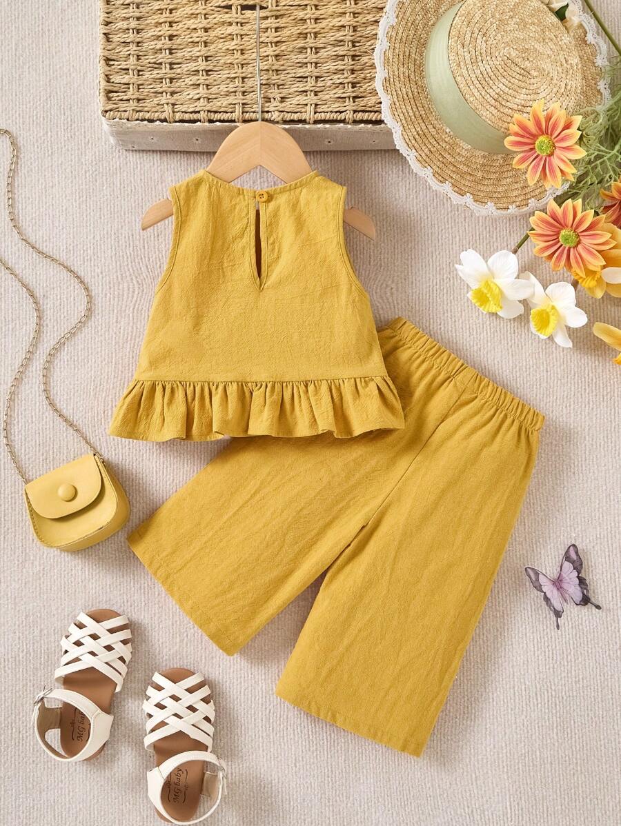 Baby Girl Cute Solid Color Ruffle Hem Camisole & Pants 2Pcs Suit
