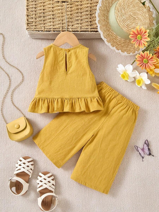 Baby Girl Cute Solid Color Ruffle Hem Camisole & Pants 2Pcs Suit
