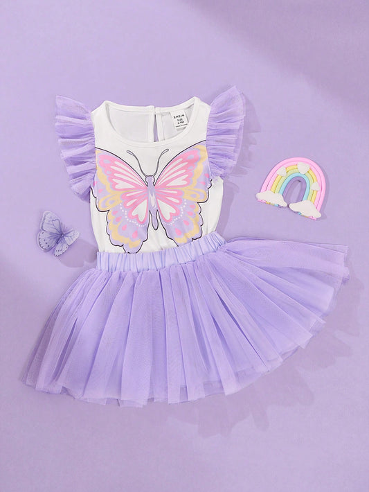 2pcs/Set Baby Girls Elegant Gorgeous Cute Butterfly Print Flyaway Sleeve Mesh Skirt Outfit Purple