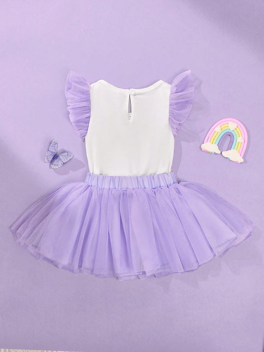 2pcs/Set Baby Girls Elegant Gorgeous Cute Butterfly Print Flyaway Sleeve Mesh Skirt Outfit