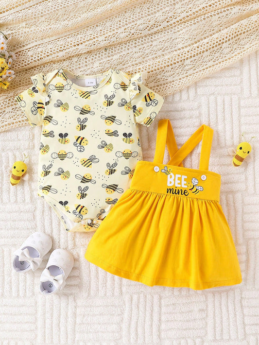 2pcs/Set Baby Girls Casual Cute Bee Full Print Romper And Bee Print Waist Suspender Skirt Yellow