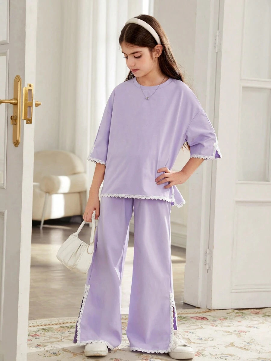 Tween Girls Casual Loose Lace Trim Dropped Shoulder Split Sleeve T-Shirt And Wide Leg Pants