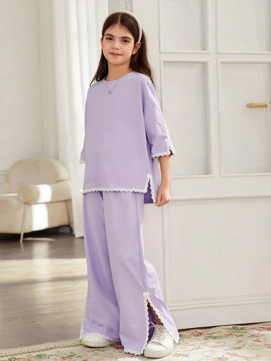 Tween Girls Casual Loose Lace Trim Dropped Shoulder Split Sleeve T-Shirt And Wide Leg Pants Purple