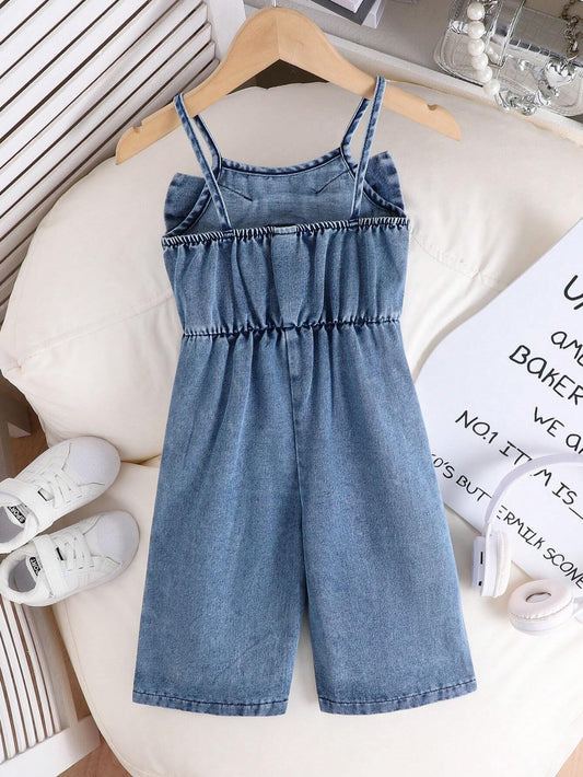 Newborn Girls Fashionable Elegant Sweet Cute Street-Style Blue Washed Denim Bib Overall Jumpsuit