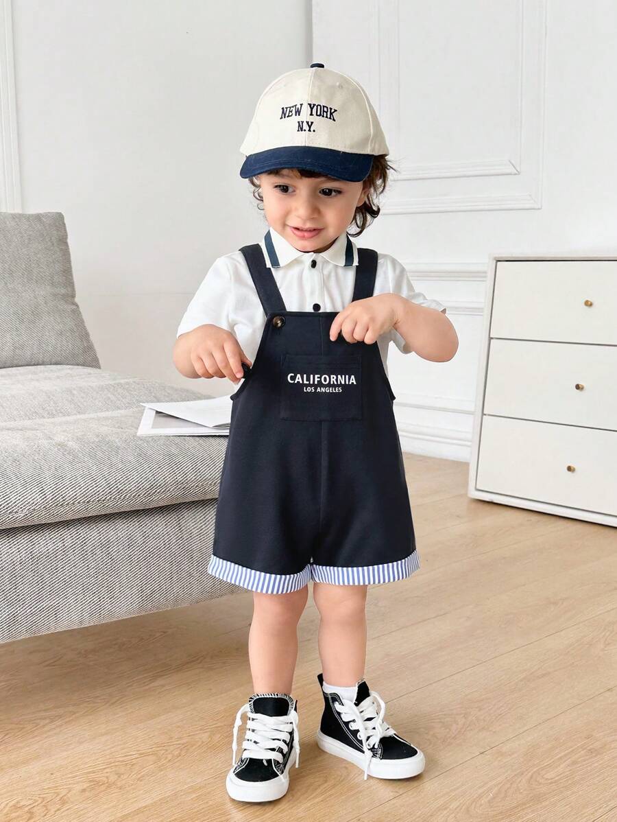 Baby Boy Cute Casual Polo Shirt & Overall Shorts With Letter Print Set Multicolor 18-24M