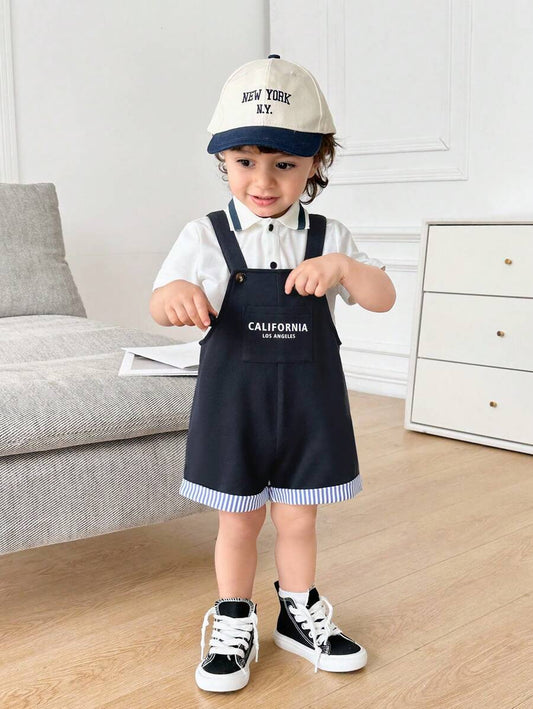 Baby Boy Cute Casual Polo Shirt & Overall Shorts With Letter Print Set Multicolor 18-24M