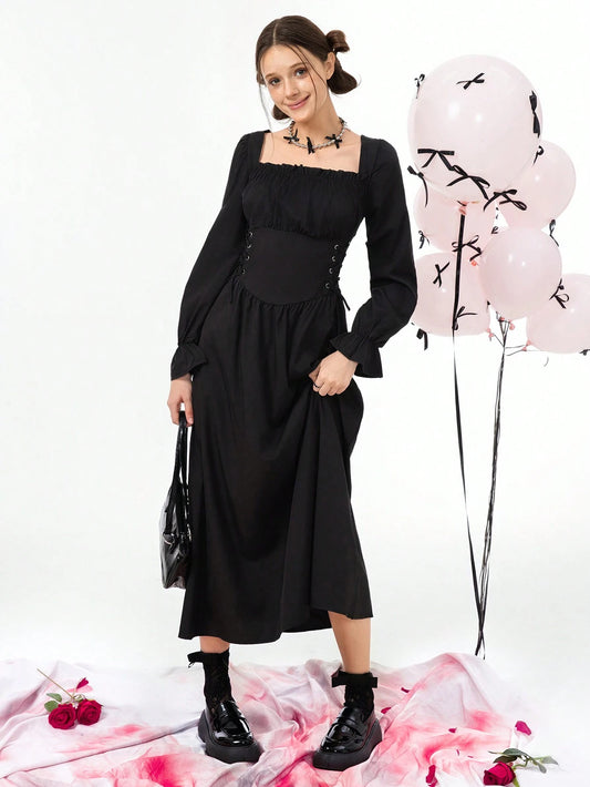 Teen Girl Gothic Style Long Sleeve Long Dress With Square Neckline Waist Cinched Black
