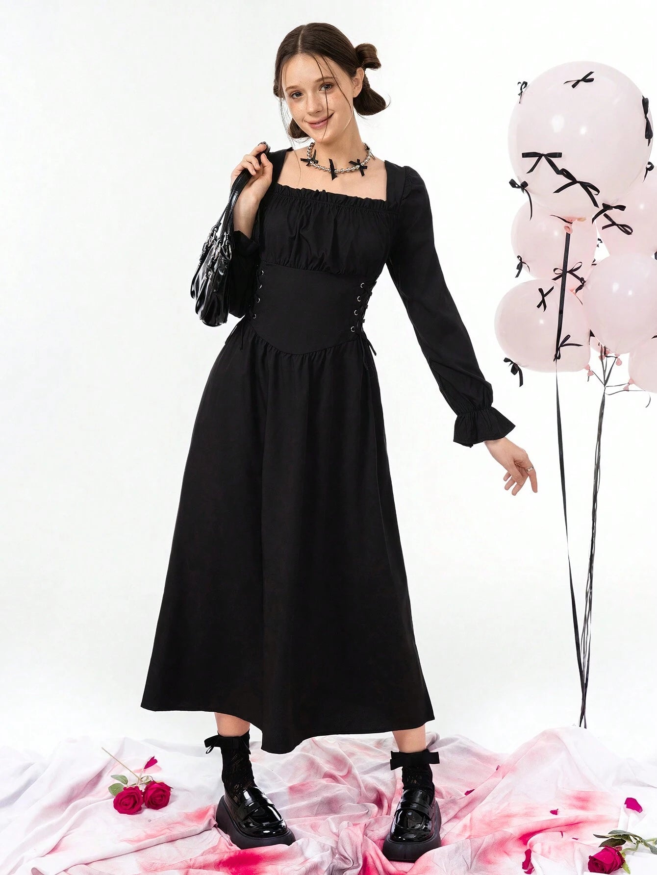 Teen Girl Gothic Style Long Sleeve Long Dress With Square Neckline Waist Cinched