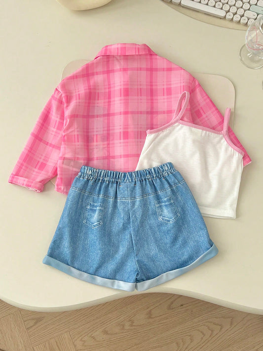 Baby Girl Cartoon Pattern Shirt, Camisole And Shorts Set