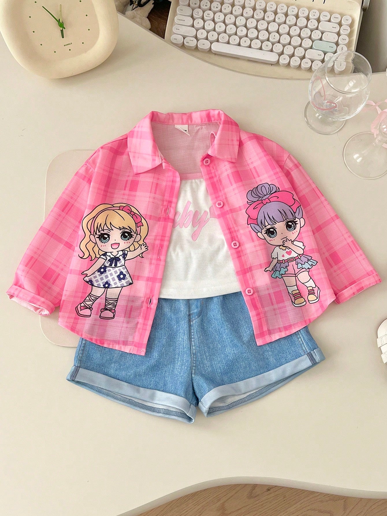 Baby Girl Cartoon Pattern Shirt, Camisole And Shorts Set