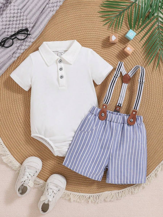 Baby Boys Gentleman Short Sleeve Romper Paired Striped Suspender Shorts Blue & White