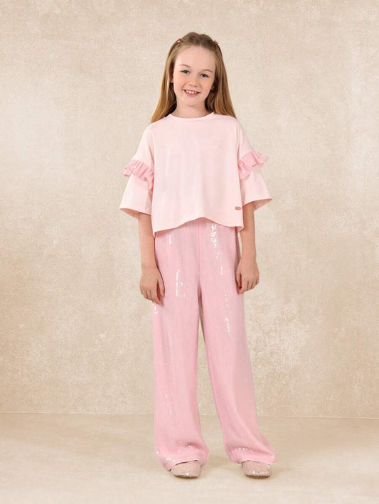 Tween Girls Crop Elbow Sleeve Sequin Top And Straight Fit Pant Pink